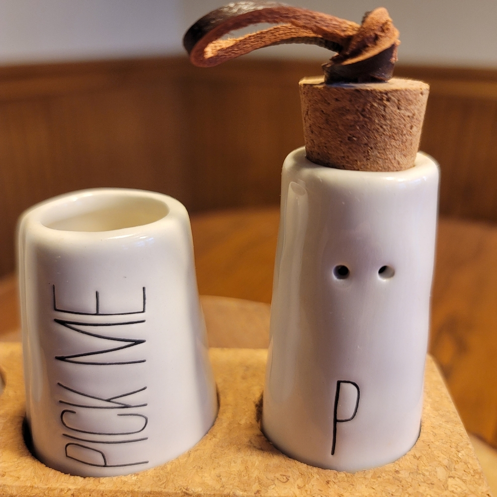 Mud Pie Ceramic Salt Pepper Shakers & Toothpick Holder With Cork Tray - Picture 3 of 12
